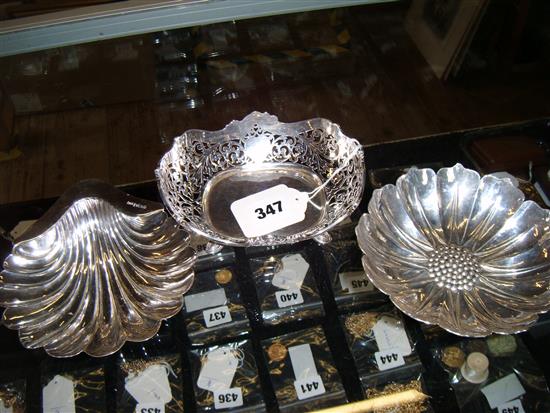 Pierced silver bon bon dish, silver shell dish & another silver sunflower dish
